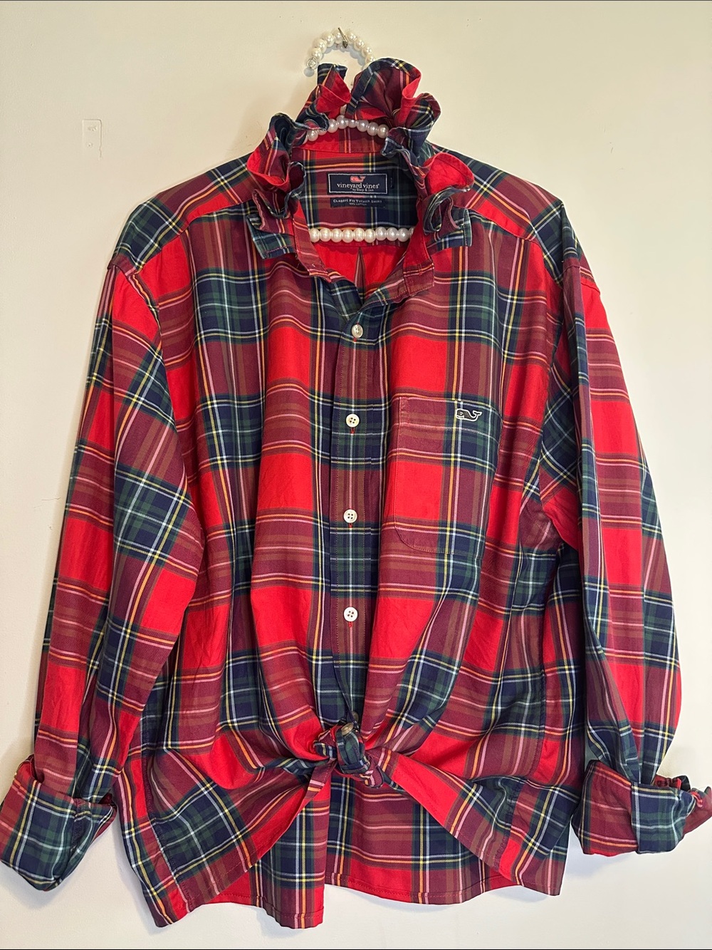 Vineyard Vines Red Navy Green Plaid Shirt with Ruffle Collar